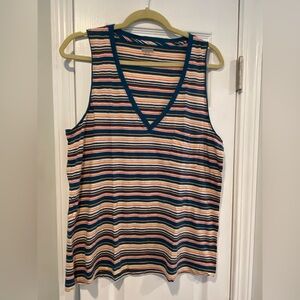 NWOT Madewell Size XL V Neck Cotton Tank Top Teal Cream Stripe Cotton Soft